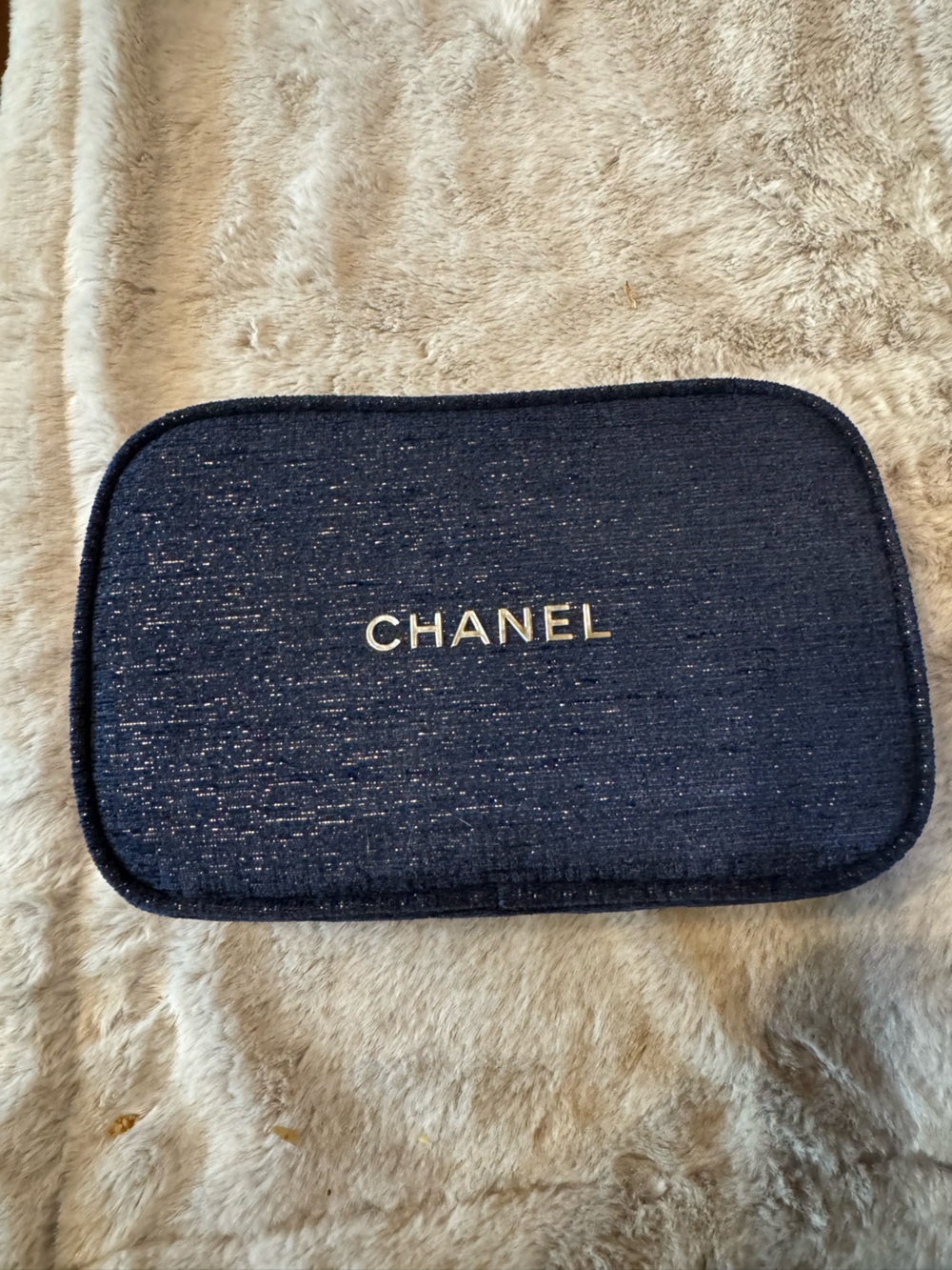 CHANEL Navy Sparkle Makeup Pouch with Gold Logo